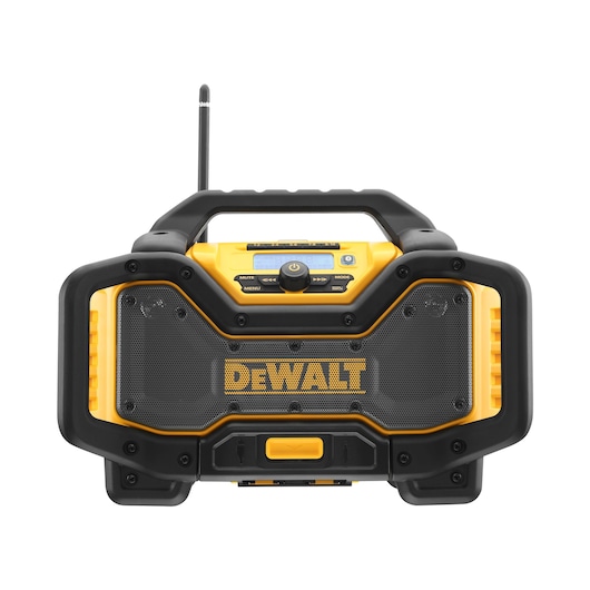 DEWALT jobsite radio with yellow and black rugged design, front control panel and antenna.