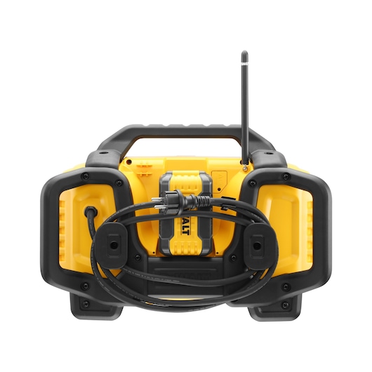 DEWALT DCR027 yellow portable radio with antenna, handle and wrapped power cord, viewed from the front.