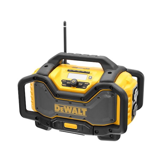 DEWALT portable radio with rugged yellow and black design, handle, antenna, and control buttons on top.