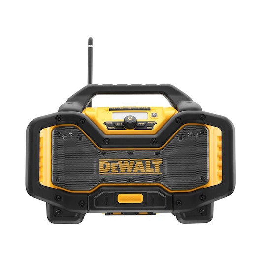 Front view of a DEWALT portable jobsite radio with handle, speaker grille, buttons, and antenna.