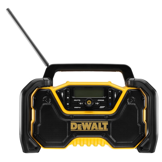 DEWALT radio DCR029 with DCZ1201P3-XE, yellow and black, handle and antenna, photography category.