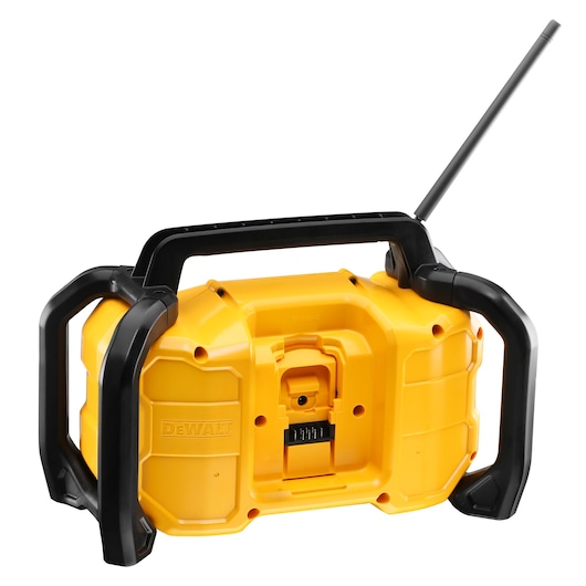 DEWALT photography DCR029 and DCZ1201P3-XE SKUs, rugged yellow radio with handle and antenna.