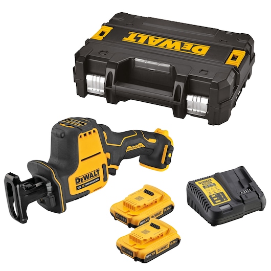 DEWALT cordless reciprocating saw set with two batteries, charger, and carrying case.