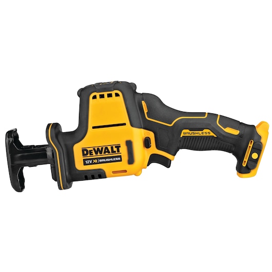 DEWALT DCS312NT 12V brushless reciprocating saw, yellow and black, side view against white background.