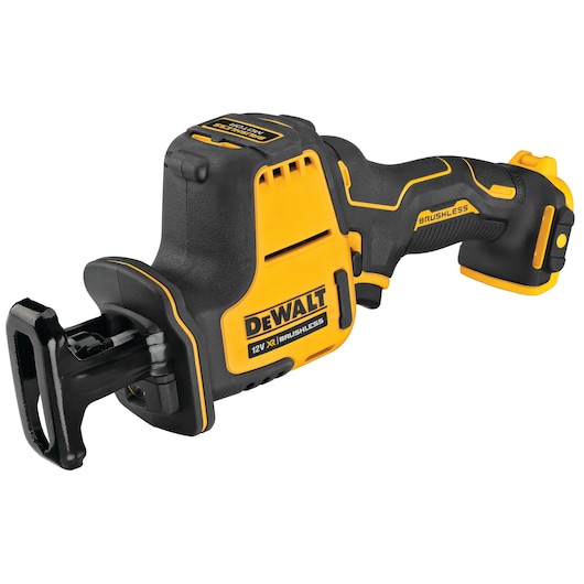 DEWALT 12V cordless brushless reciprocating saw in yellow and black, tool only, angled view.