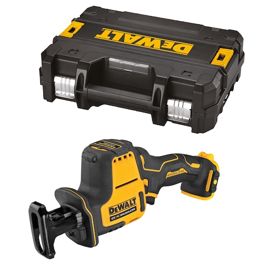DEWALT cordless reciprocating saw and sturdy black carrying case with yellow accents, shown side by side.
