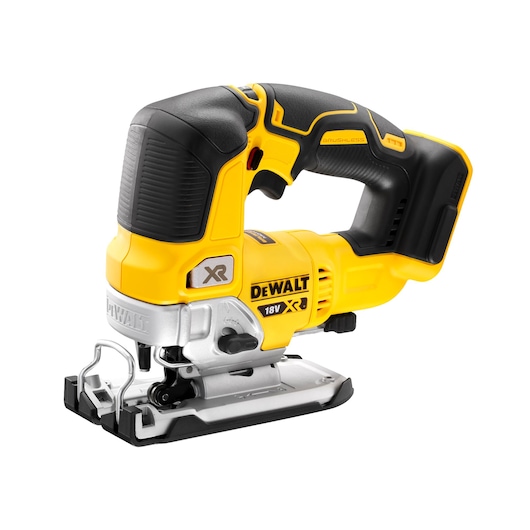 Cordless DEWALT 18V XR jigsaw with a brushless motor, yellow and black, ergonomic handle, and metal base. Suitable for precision wood and metal cutting.