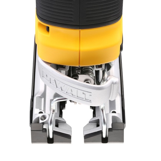 Close-up of a DEWALT jigsaw base showing the brand logo and metal components.