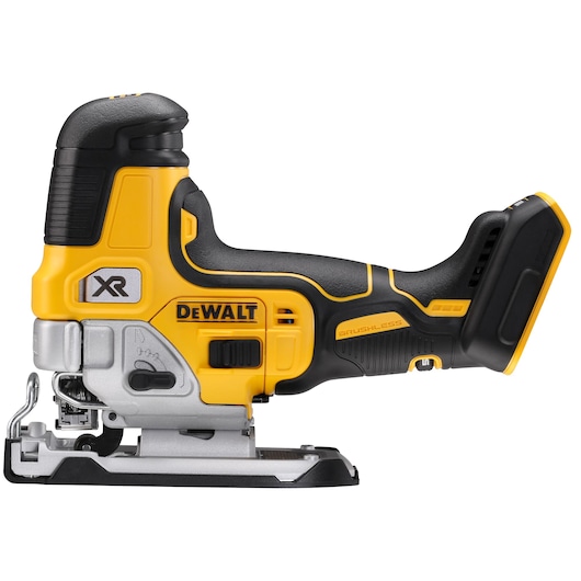 DEWALT cordless jigsaw DCS335N in yellow and black, side view, brushless model for woodworking.