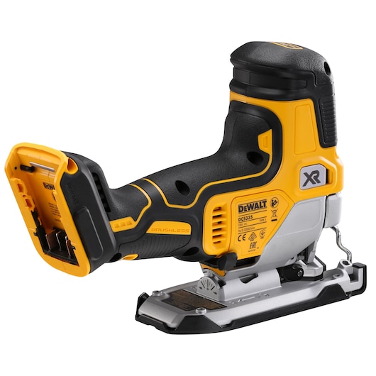 Cordless DEWALT jigsaw in black and yellow with battery slot, brushless motor, and metal base plate.