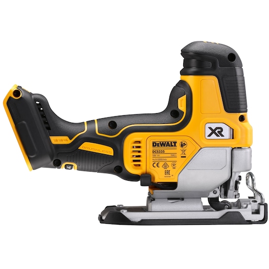 DEWALT DCS335N cordless jigsaw tool, yellow and black, side view, without battery attached.