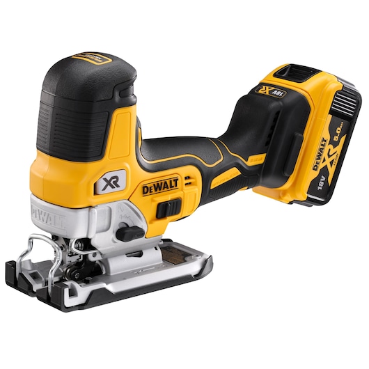 A DEWALT DCS335P2 cordless jigsaw with an 18V XR lithium-ion battery, featuring a brushless motor, shown in yellow and black.