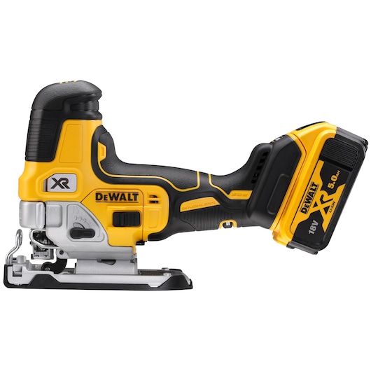 A DEWALT cordless jigsaw, model DCS335P2, featuring a brushless motor and a detachable 18V XR Lithium-Ion 5.0Ah battery. The tool has a yellow and black ergonomic design.