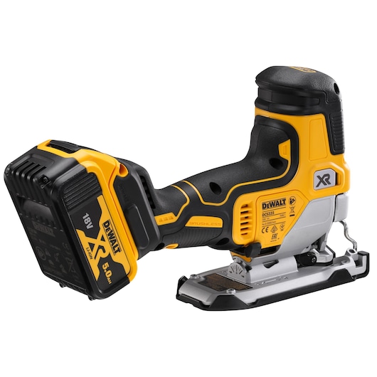 A DEWALT DCS335P2 cordless jigsaw, featuring a yellow and black design with an 18V XR lithium-ion battery and brushless motor.
