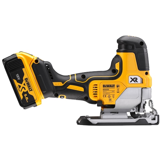 A DEWALT DCS335P2 cordless jigsaw with an 18V XR lithium-ion battery, featuring a yellow and black design and brushless motor.