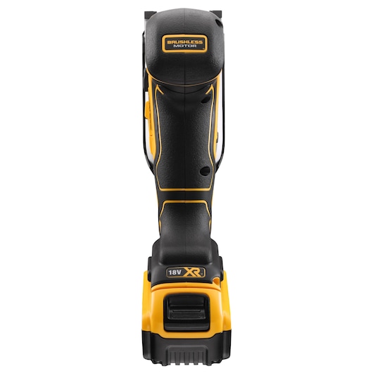 Front view of a DEWALT DCS335P2 cordless power tool, featuring an 18V XR battery and brushless motor, shown in black and yellow.