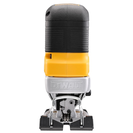 Front view of a DEWALT DCS335P2 cordless jigsaw, displaying its black and yellow handle, silver base, and the DEWALT logo engraved on the metal part.