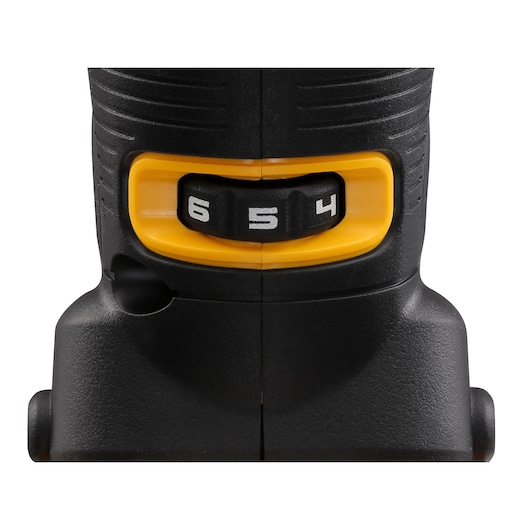 Close-up view of the yellow and black adjustable speed dial marked with numbers 4, 5, and 6 on a DEWALT power tool.
