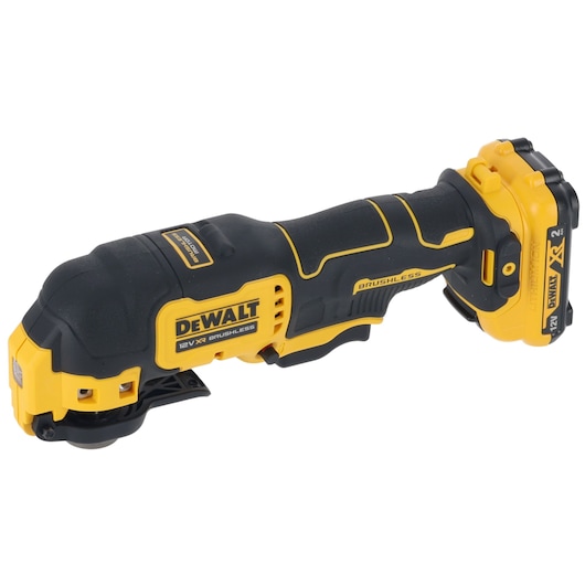 DEWALT DCS353D2 12V cordless oscillating tool with brushless motor and battery, shown in yellow and black.