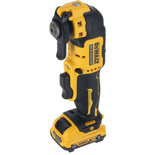 DEWALT DCS353D2 cordless oscillating tool with battery in yellow and black design, shown upright.