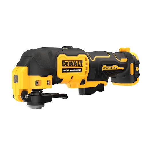 DEWALT brushless 12V cordless oscillating tool, black and yellow, side view, isolated on white background.