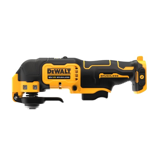 DEWALT 12V XR brushless power tool with black and yellow design, shown in profile view.