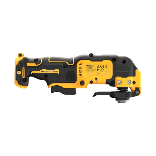 Black and yellow DEWALT cordless brushless oscillating multi-tool shown in side profile view.