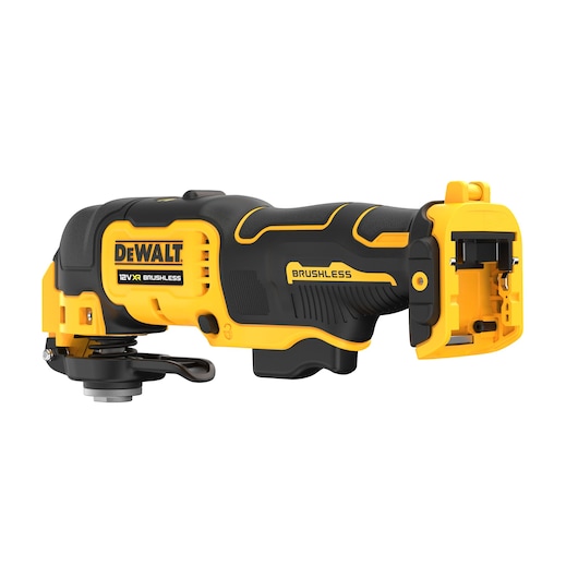 DEWALT 12V XR brushless multi-tool, black and yellow, cordless, shown without battery.