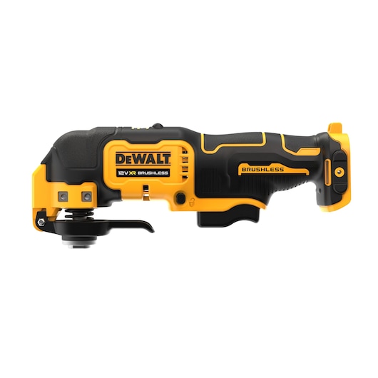 DEWALT 12V brushless oscillating tool in black and yellow, shown from the side on a white background.