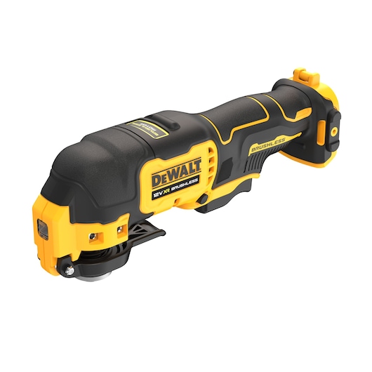 DEWALT 12V XR brushless oscillating multi-tool in yellow and black, tool-only, on white background.