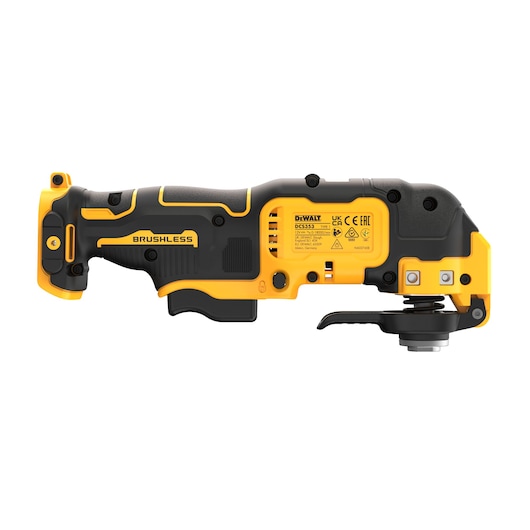 DEWALT DCS353N brushless cordless multi-tool in yellow and black, shown from the side.
