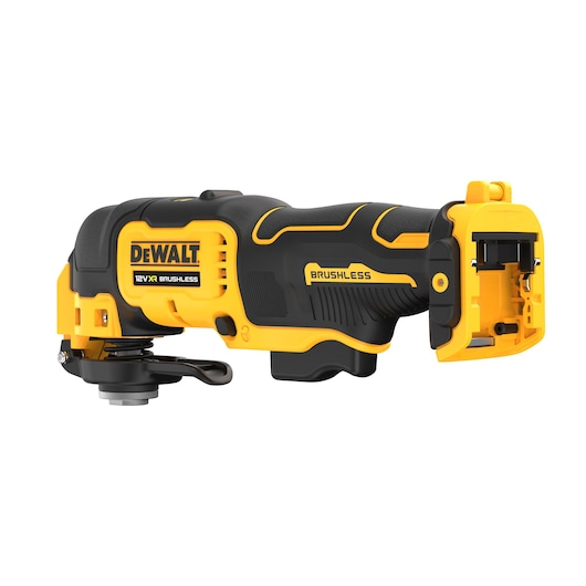 DEWALT cordless brushless oscillating multi-tool, yellow and black, side view, for cutting and sanding tasks.
