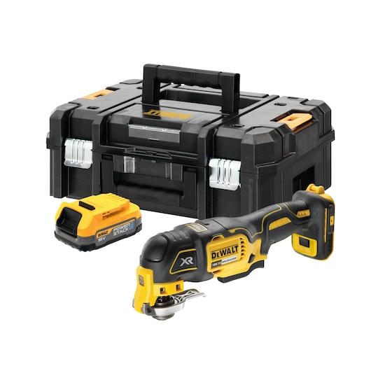 DEWALT cordless multi-tool kit with black case and yellow battery, shown on a white background.