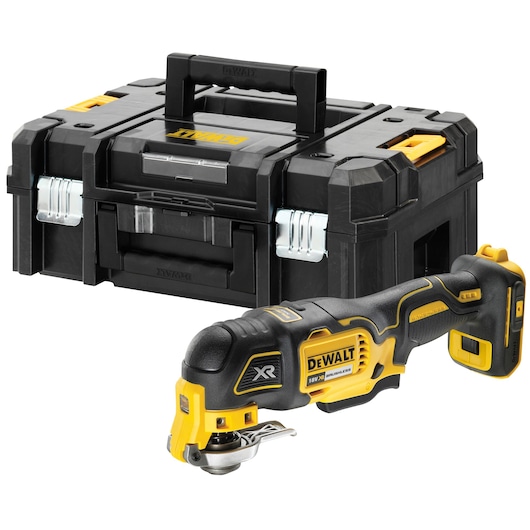 A DEWALT cordless oscillating multi-tool with a black and yellow design is shown in front of a sturdy black DEWALT carrying case with metal latches and a handle. The tool is suitable for various cutting and sanding tasks.