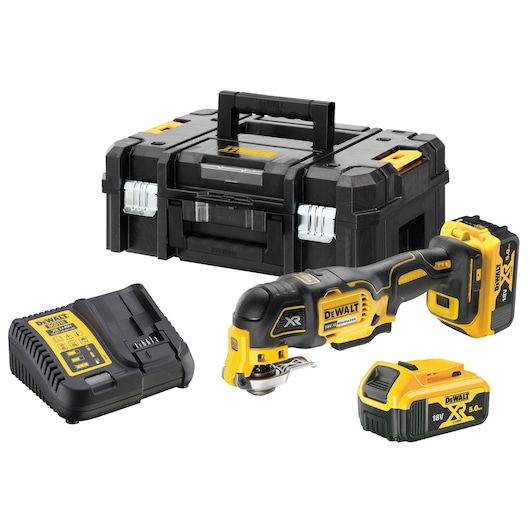 A DEWALT cordless oscillating multi-tool kit, including a black and yellow power tool with battery pack attached, an additional battery, a battery charger, and a sturdy black storage case with a handle.