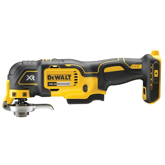 A DEWALT 18V XR brushless cordless multi-tool, shown in black and yellow color with ergonomic grip, suitable for various cutting and sanding applications.