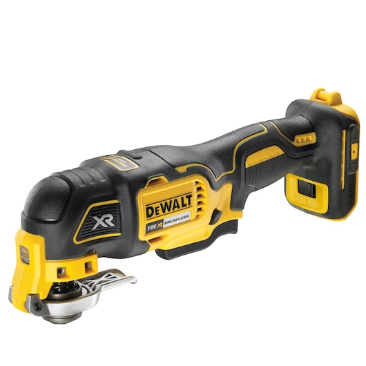 A DEWALT XR 18V cordless brushless oscillating multi-tool, shown in yellow and black, with ergonomic grip and blade attachment.