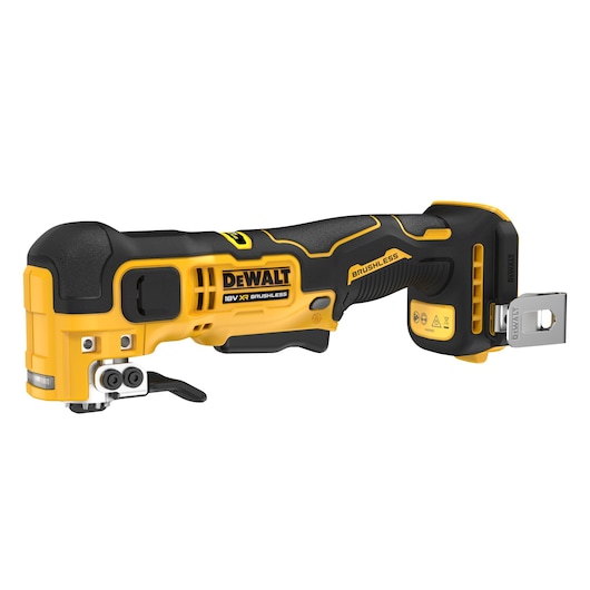 DEWALT 18V XR brushless multi-tool with ergonomic grip, shown without battery, yellow and black color.