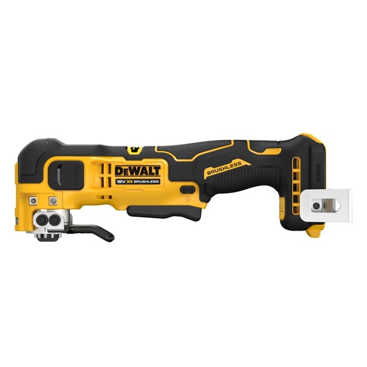 DEWALT 18V XR brushless oscillating multi-tool with black and yellow body, side view.