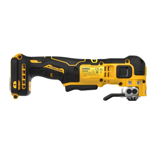 Side view of a yellow and black DEWALT cordless brushless power tool DCS358N-XJ.