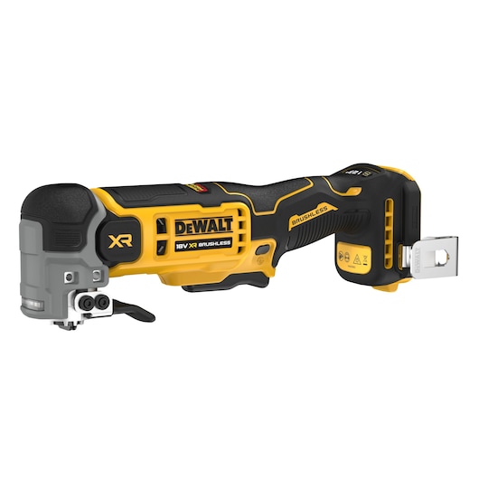 DEWALT 18V XR brushless oscillating multitool, black and yellow, side view on white background.