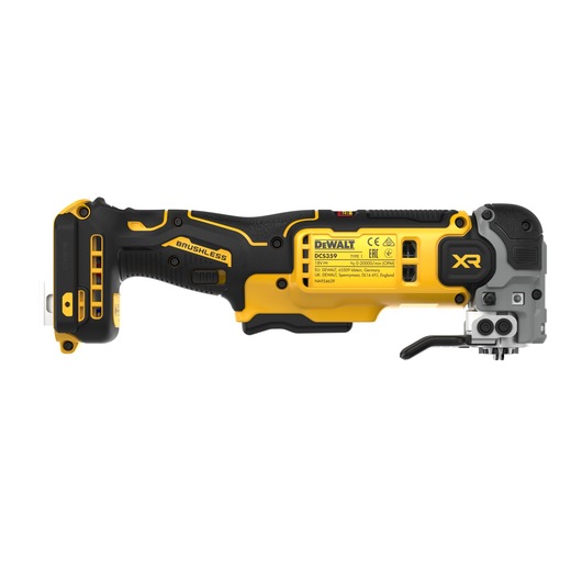 DEWALT DCS359N-XJ cordless oscillating multi-tool, black and yellow, side view on white background.