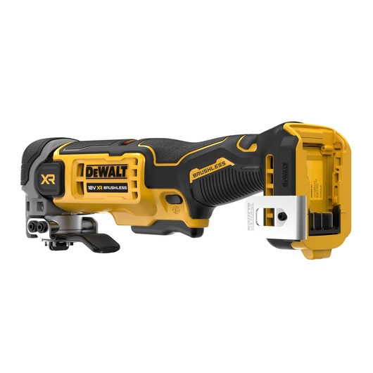DEWALT cordless brushless oscillating multi-tool in yellow and black, shown without battery attached.