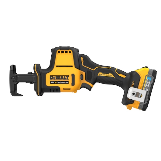 DEWALT 18V cordless brushless reciprocating saw with Powerstack battery, yellow and black design.