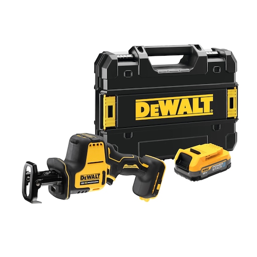 DEWALT cordless reciprocating saw with battery and case, shown against a white background.