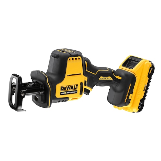 Cordless DEWALT reciprocating saw with 18V battery, yellow and black design, brushless motor.
