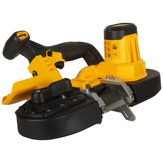 Cordless yellow and black DEWALT portable band saw tool with ergonomic handle.
