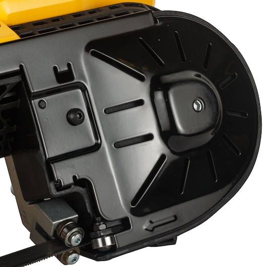 Close-up of DEWALT DCS371N-XJ band saw's blade cover and mechanical parts in black and yellow finish.