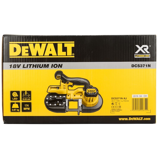 DEWALT DCS371N-XJ 18V lithium-ion cordless band saw in branded yellow and black box packaging.