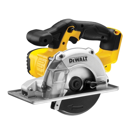 DEWALT cordless metal cutting circular saw with ergonomic handle and blade guard, shown on white background.